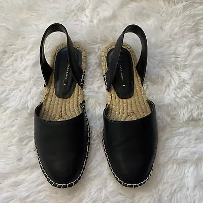 Zara Basic Womens Sz 37  Slingback Espadrille Flats Black Leather Shoes • $24.99