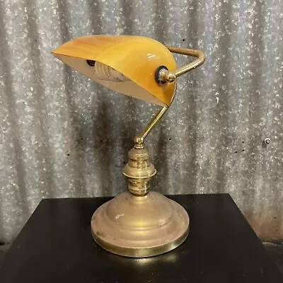 Vintage Brass Metal Banker's Light Table Desk Lamp With Rare Yellow Glass Shade • $109.65