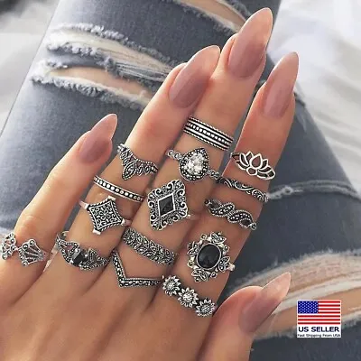 $9.99 • Buy 15PC Set Retro Finger Ring Value Lotus Sunflower Knuckle Rings Jewelry 1894