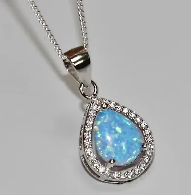 £10.95 • Buy Sterling Silver Blue Opal Teardrop Pendant Necklace - Choice Of Chain