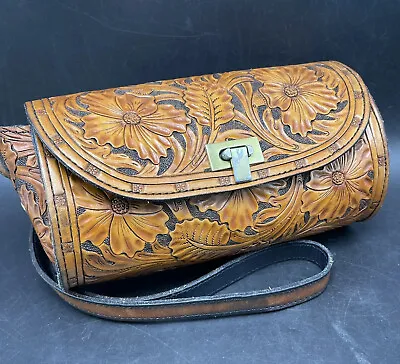 Vtg MC Hand Tooled Brown Leather Barrel Purse Crossbody Turquoise Leather Lining • $59.99