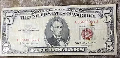 Five Dollar Bill Red Seal Fancy Serial Number  • $8