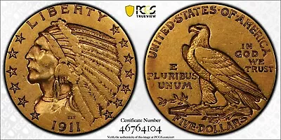 1911-S 1911S 1911 S $5 Five Dollar Indian Head Gold Coin PCGS BU VF Detail • $804.99