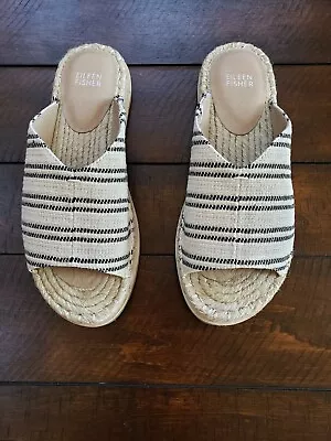 Nib Eileen Fisher Natural & Black Milly Espadrille Slide Sandal $195   • £56.95