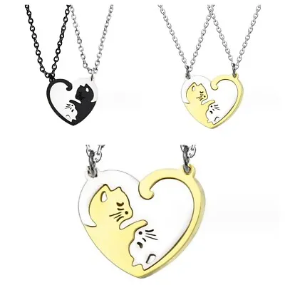 925 Silver Plated Cute Cat Hug Love Couple Necklace Set Pendant Fashion Gift • £3.99