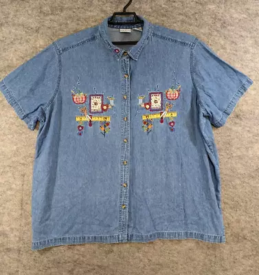 Vtg Bobbie Brooks Top Womens 26 28 W Blue Denim Button-Up Embroidered Sewing • $15.99