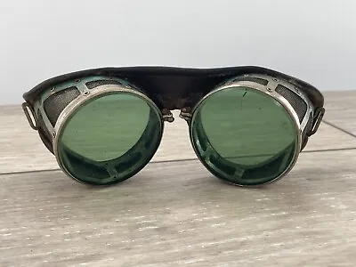 Vintage Steampunk Green Lens Safety Glasses Leather Goggles For Restoration • $32.49