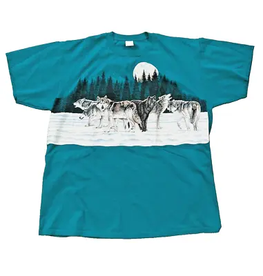 Vintage Habitat 1991 National Wildlife Double Sided Wolf Green Blue T-Shirt XXL • $14