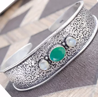 Green Onyx Moonstone Gems 925 Sterling Silver Handmade Friendship Bangle Cuff • $22.25