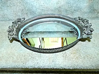 Vintage Godinger Style Mirrored Silver Tone Roses Vanity Tray Pierced Rim • $9.99