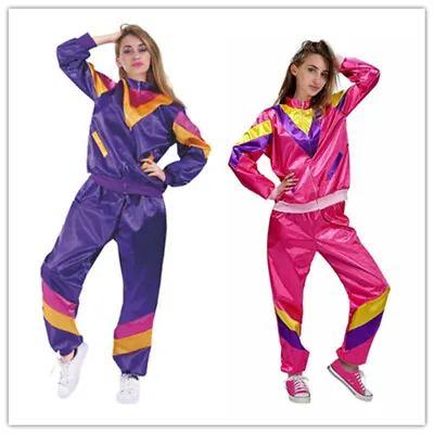 Adult 80s Lady Costume Hot Pink Purple Tracksuit Party Wear Parachute Jaket Pant • $39.99