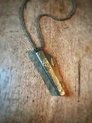Miniature Botanical Folding Pocket Knife Necklace - Mini 1.4  Steel Blade Gold • $14.99