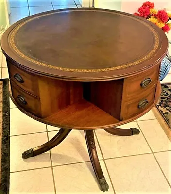 Regency Style Mahogany Rotating Drum Tooled Leather Rent Table – EIGHT DRAWERS  • $1850