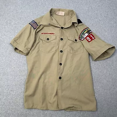 Boy Scouts Shirt Youth L Tan Uniform Short Sleeve Button Vtg Patches Bsa Usa • $19.99
