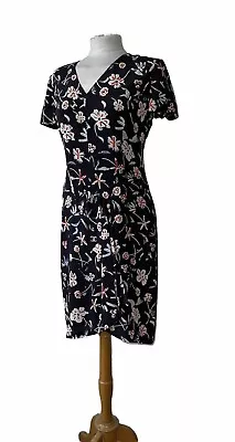 Chanel Dress Black Pink Floral Silk V-neck Short Sleeve Knee Length Size 10/12 • £695