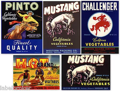 5 Old Fruit Box Crate Labels Vintage Lot Cowboys Western Horses 1940s 1950s C685 • $15.95