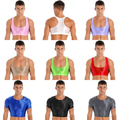 $8.55 • Buy Men's Glossy Tank Tops Gym Fitness Sleeveless Crop Top Vest For Sport Yoga