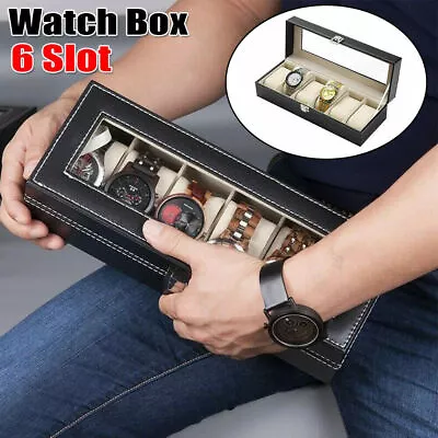 6 Grids PU LeatherWatch Display CaseCollection Storage Holder Mens Box • £9.48