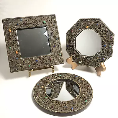 Vintage Ornate Mirrors Inset Faux Gemstones Resin THREE Moroccan Boho Design 6  • $28