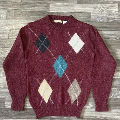 Vintage Adam Sloane Acrylic Knit Sweater Men’s Small Red Argyle Classic Hipster • $38