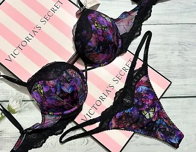 Victoria's Secret Shine Strap Bombshell Push Up Bra Thong Set Moody Floral • $85