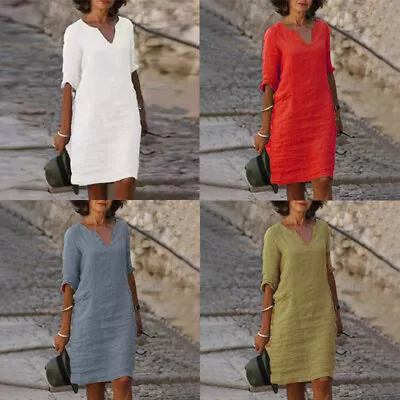 Women Sundress T Shirt Dress Pullover Short Sleeve Midi Dress Baggy V Neck√ • $9.05