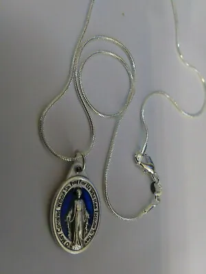 1  Italian Silver With Blue Enamel Miraculous Medal 925 Sterling Chain Necklace  • $10