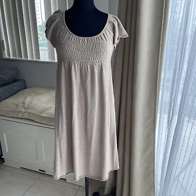 MOTH~ANTHROPOLOGIE Tan Beige Heather Short Sleeve Smocked Knit Dress S • $18