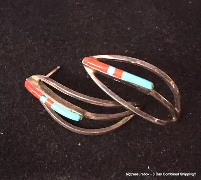 WOW Vintage Earrings ZUNI STERLING SILVER Pierced Turquoise Coral Lot Y 925 • $2.25