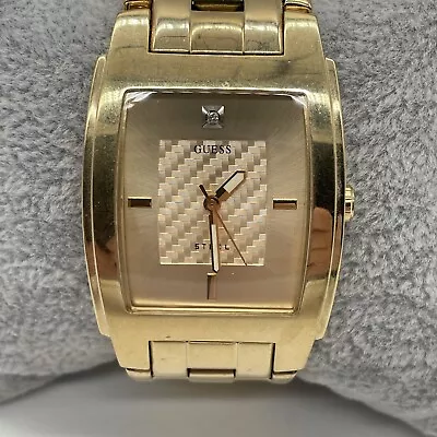 Guess Watch Men Steel G11613G Gold Tone Diamond Dial Rectangle 33mm New Battery • $29.95