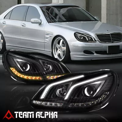 Fits 2000-2006 Mercedes W220 {DUAL DRL BAR/LED SIGNAL} Black Projector Headlight • $435.66