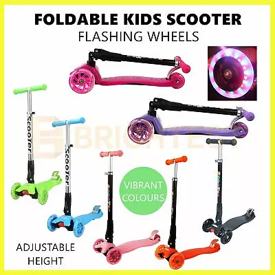 Foldable Kids Scooter Adjustable Height Flashing LED Lights 3 Wheels Kick Push • $43.95