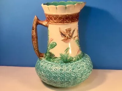 Antique Majolica Eureka Bird In Flight W Blue Basketweave Pitcher C.1880's • $149