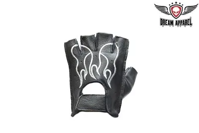 Men's Fingerless LEATHER Gloves With White Flames • $9.95