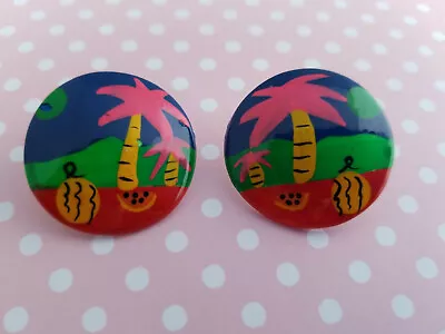 Hand Painted Palm Tree Island Colorful Round Lucite Post Earrings BOHO Vintage • $17.99