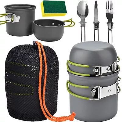 8Pcs Camping Cookware Mess Kit With Pot Fork Mesh Bag For Outdoor Camping Picnic • $19.19