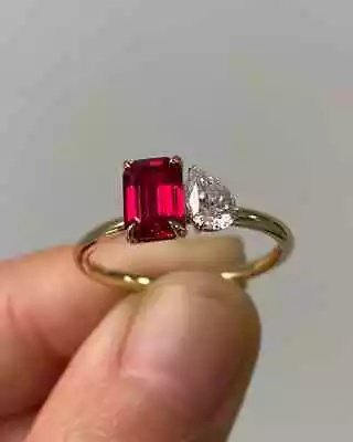 Ruby And Moissanite Two Stone Ring/ Emerald Cut Ruby / 925 Sterling Silver Ring/ • $149.99