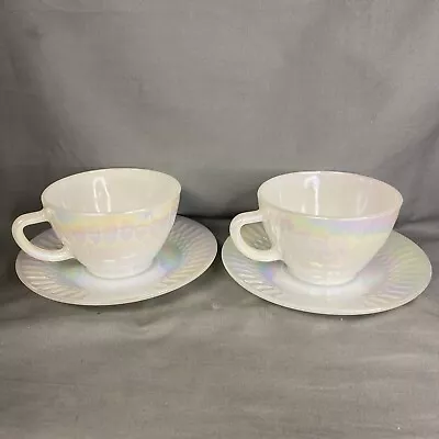 Vintage Federal Glass Moonglow Diamond Point Iridescent  Tea Cup Saucer 4pc Set • $25