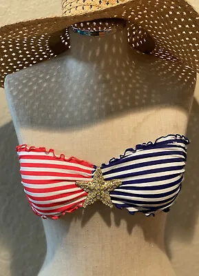 £13.40 • Buy Victoria's Secret Bikini Top Padded Bandeau Ruffle Blue Red Gold Star Bling Sz S