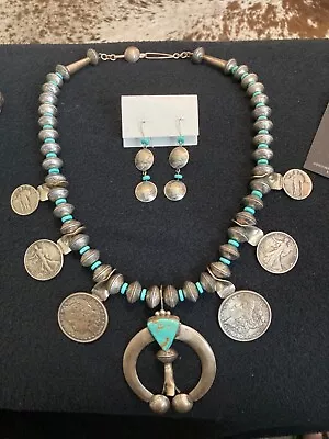 Native American Sterling Squash Blossom-28”+ 5”Authentic Vintage Coins & Turq. • $1600