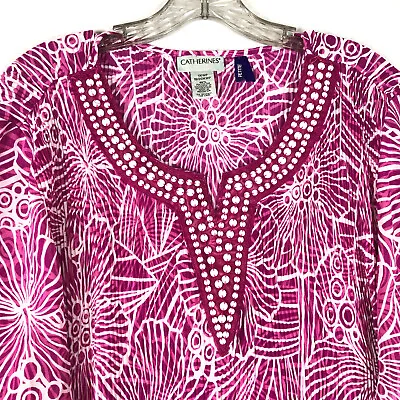 $17.99 • Buy Catherines Plus Sz 1xwp 1X Petite Blouse Tunic Pink Green  Beaded V Neck S/S