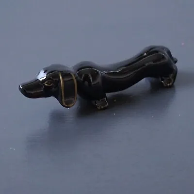 Dachshund Dog Redware Figurine Black Gold Mid Century Modern Japan Vintage READ • $12