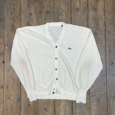 Lacoste Jumper Knit 90s Vintage USA Acrylic Cardigan White Mens Large • £28