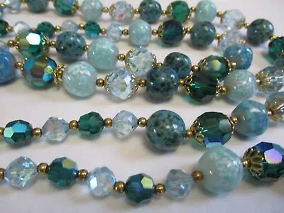Vintage 39 In LONG Blue MILLEFIORI GLASS  AB Blue Green CRYSTAL Beaded Necklace • $26.99