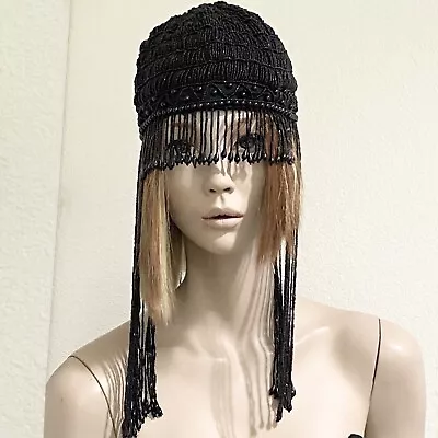 Vintage Fully Beaded Fringe Couture Deco Flapper Great Gatsby Black Head Piece • $89.98