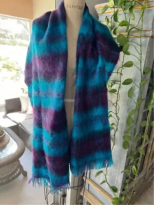 Vintage Woven Mohair Wool Pashmina Wrap Shawl Fringe Scarf Turquoise Purple 74” • $21
