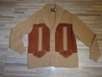Vtg 70's CAMPUS Suede Leather & Acrylic Knit Grandpa Hipster Cardigan Sweater L • $25