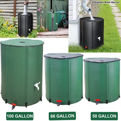 50/66/100Gallon Collapsible Rain Water Barrel Tank Butt Storage Spout Collector • £35.75