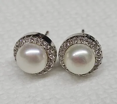 UD 925 Sterling Silver Mabe Pearl  CZ Accent Stud Post Earrings • $24.99