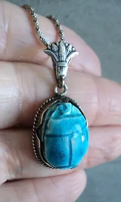 Vtg Blue-Glazed SCARAB In STERLING Silver PENDANT On Sterling CHAIN NECKLACE 19  • $52.46